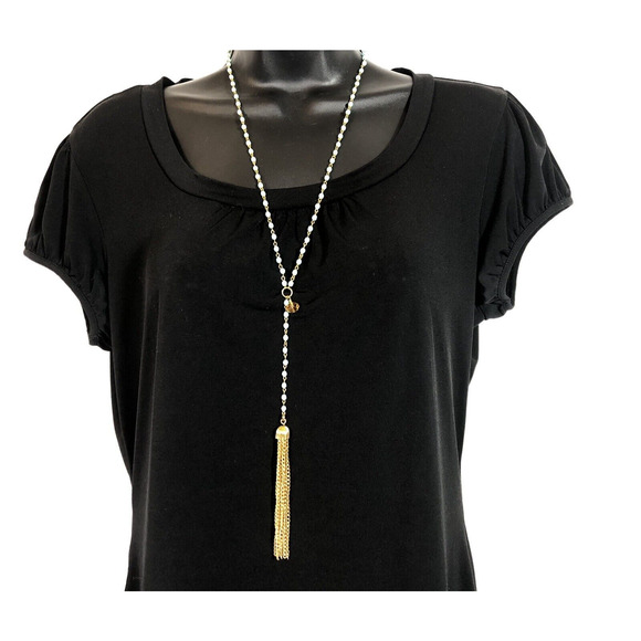 Skinny by Jessica Elliot Necklace Blue Rosary Bead Glass Bead Y Drop Tassel - Picture 1 of 7